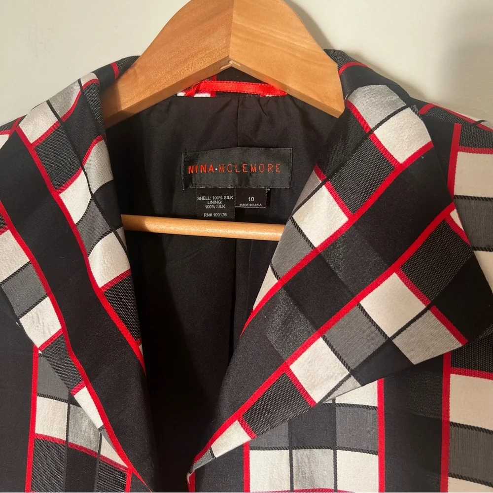 Nina Mclemore Red Black White Checked Silk Blazer Size 10 - Picture 6 of 15